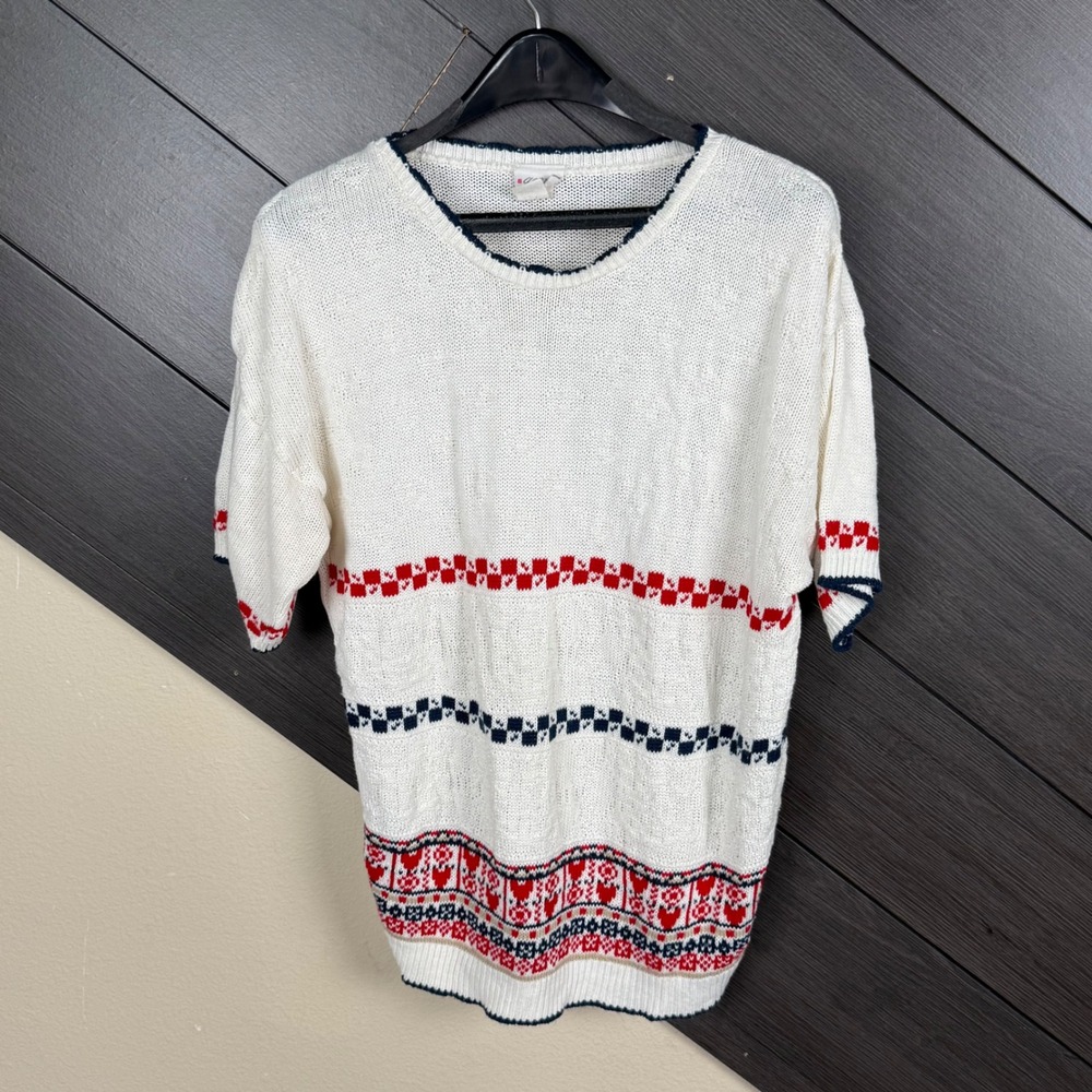 Vintage Act III Women's Large Knit Sweater Top White Red Blue Fair Isle 90s
